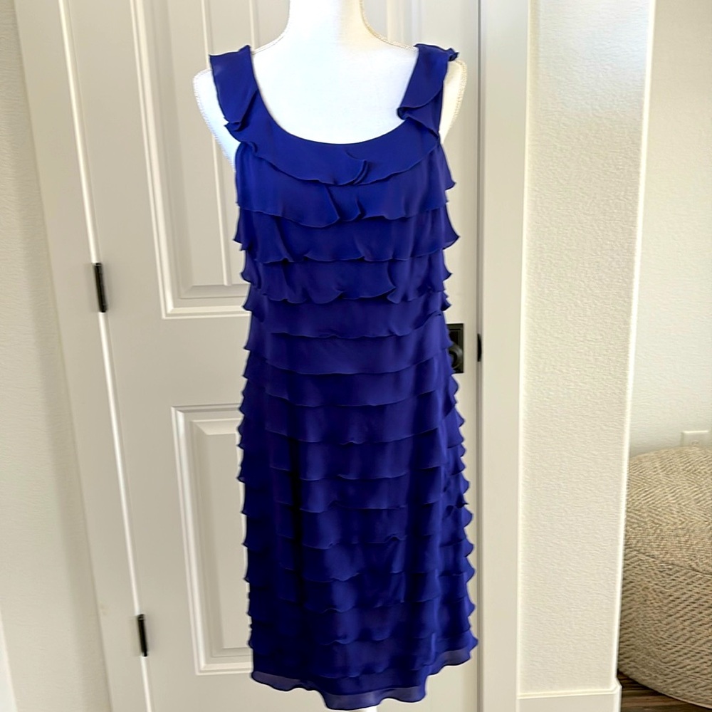 Suzi Chin dark violet dress. 36” from shoulder to hem. Tiered ruffles. Back zip.